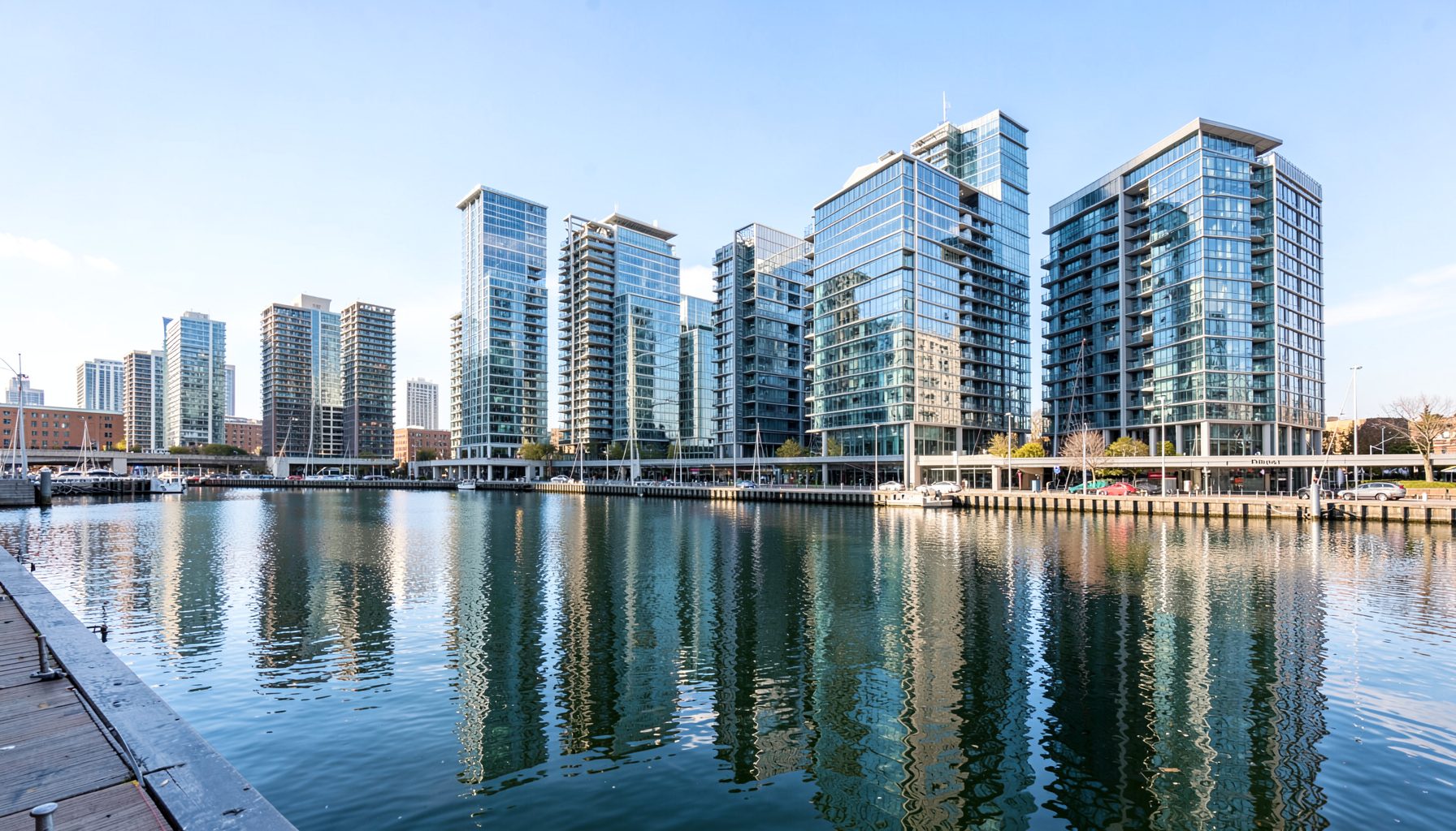 Wide-angle view of modern waterfront buildings with glass and metal facades under a bright sky, conveying a large urban development scale